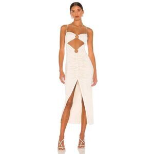 Camila Coelho Yasmeen Midi Dress Cream Jersey Metallic Rings Ruched Sz‎ L